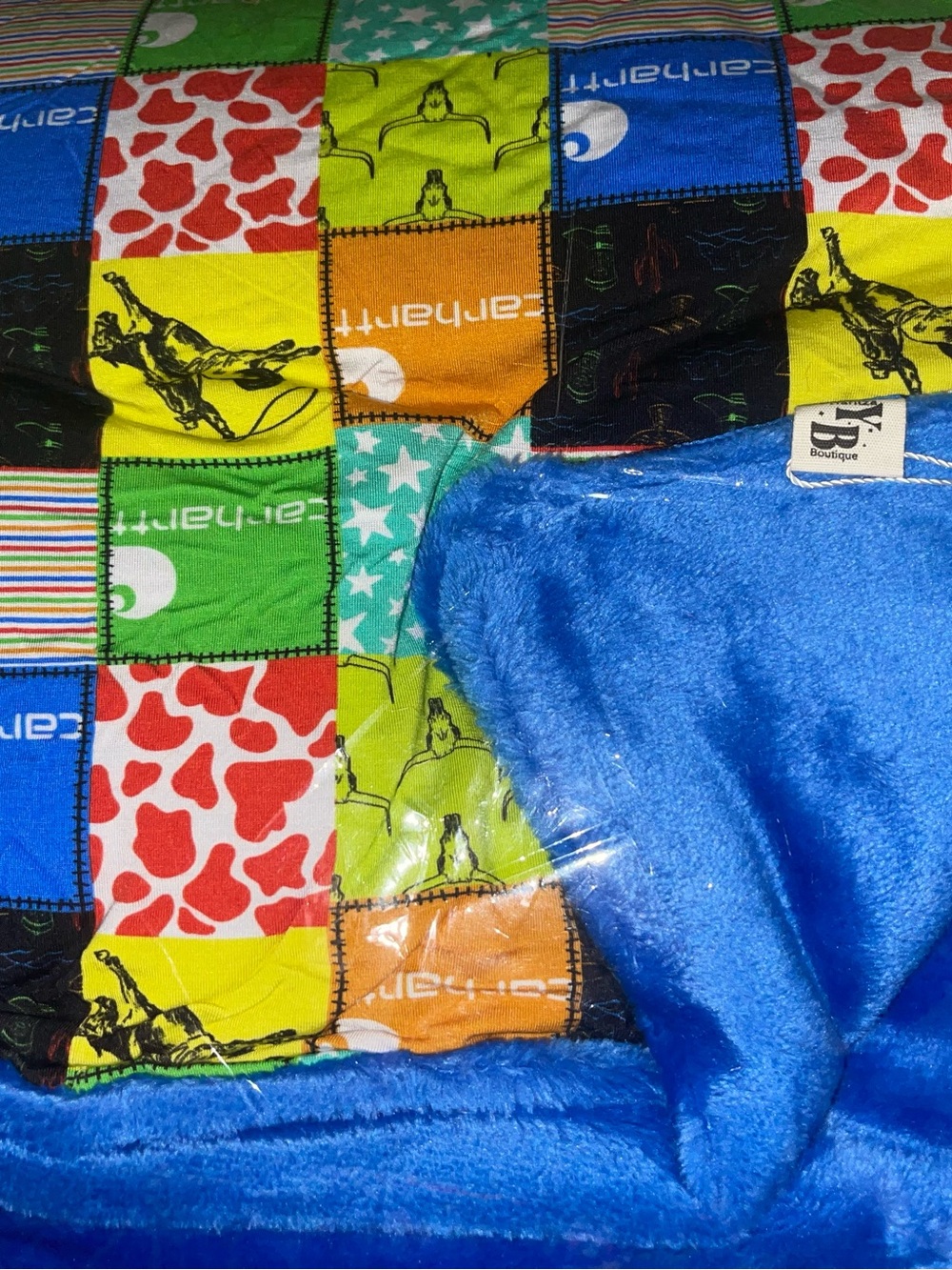 BAMBOO Multi-Color Patchwork Plush Throw with Bright Blue Minky Backing